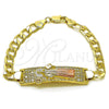 Pulsera con Placa 03.411.0056.1.08 Oro Laminado, Diseño de San Benito y Cubana, con Blanca Zirconia Cubica, Pulido, Tres Tonos (12 MM Thickness, 8 Inches Length)