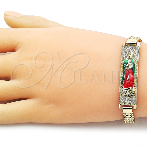 Pulsera con Placa 03.411.0057.08 Oro Laminado, Diseño de Guadalupe y Miami Cubana, con Blanca Zirconia Cubica, Pulido, Tres Tonos (12 MM Thickness, 8 Inches Length)