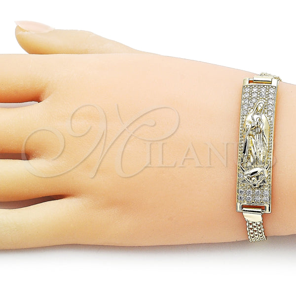 Pulsera con Placa 03.411.0059.07 Oro Laminado, Diseño de Guadalupe y Bismarco, con Blanca Zirconia Cubica, Pulido, Tono Dorado (12 MM Thickness, 8 Inches Length)