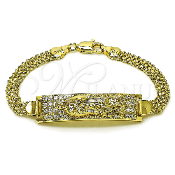 Pulsera con Placa 03.411.0059.07 Oro Laminado, Diseño de Guadalupe y Bismarco, con Blanca Zirconia Cubica, Pulido, Tono Dorado (12 MM Thickness, 8 Inches Length)