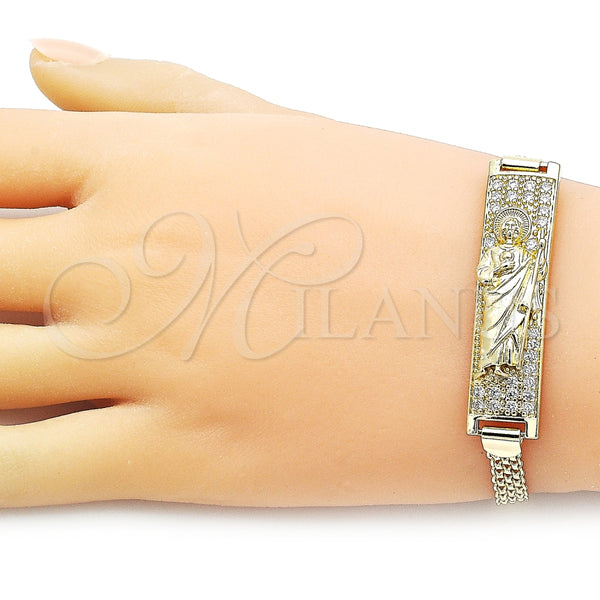 Pulsera con Placa 03.411.0060.08 Oro Laminado, Diseño de San Judas y Bismarco, con Blanca Zirconia Cubica, Pulido, Tono Dorado (12 MM Thickness, 8 Inches Length)
