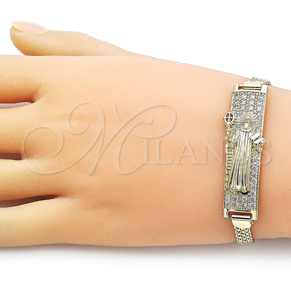 Pulsera con Placa 03.411.0061.07 Oro Laminado, Diseño de San Benito y Bismarco, con Blanca Zirconia Cubica, Pulido, Tono Dorado (12 MM Thickness, 8 Inches Length)