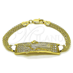 Pulsera con Placa 03.411.0061.07 Oro Laminado, Diseño de San Benito y Bismarco, con Blanca Zirconia Cubica, Pulido, Tono Dorado (12 MM Thickness, 8 Inches Length)