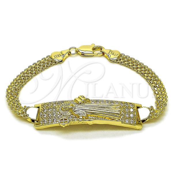 Pulsera con Placa 03.411.0061.07 Oro Laminado, Diseño de San Benito y Bismarco, con Blanca Zirconia Cubica, Pulido, Tono Dorado (12 MM Thickness, 8 Inches Length)