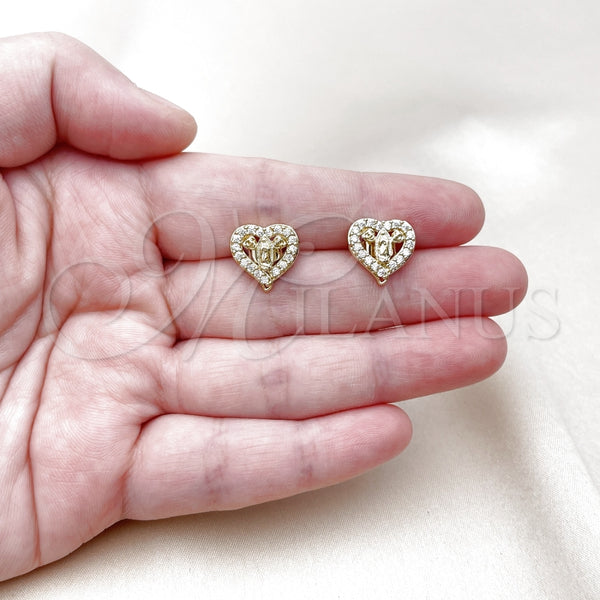 Arete Dormilona 02.411.0052 Oro Laminado, Diseño de Corazón y Guadalupe, con Blanca Zirconia Cubica, Pulido, Tono Dorado