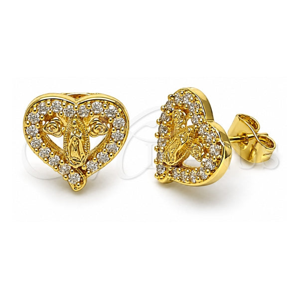 Arete Dormilona 02.411.0052 Oro Laminado, Diseño de Corazón y Guadalupe, con Blanca Zirconia Cubica, Pulido, Tono Dorado