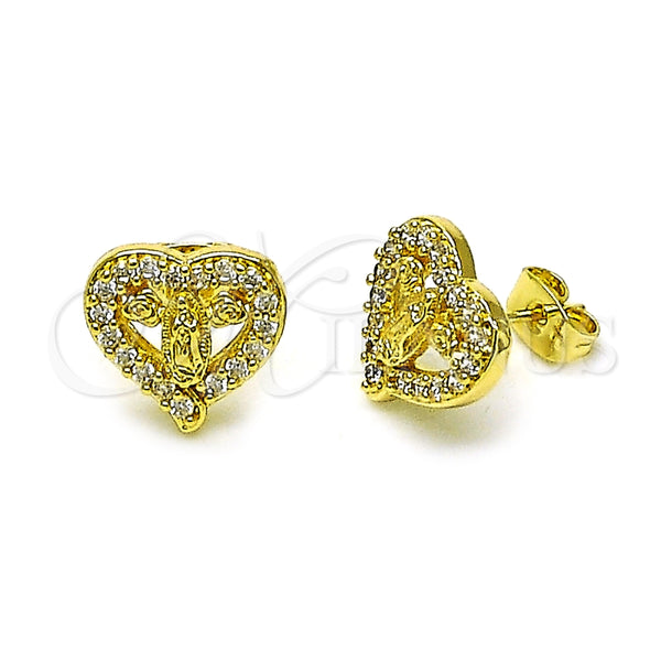 Arete Dormilona 02.411.0052 Oro Laminado, Diseño de Corazón y Guadalupe, con Blanca Zirconia Cubica, Pulido, Tono Dorado
