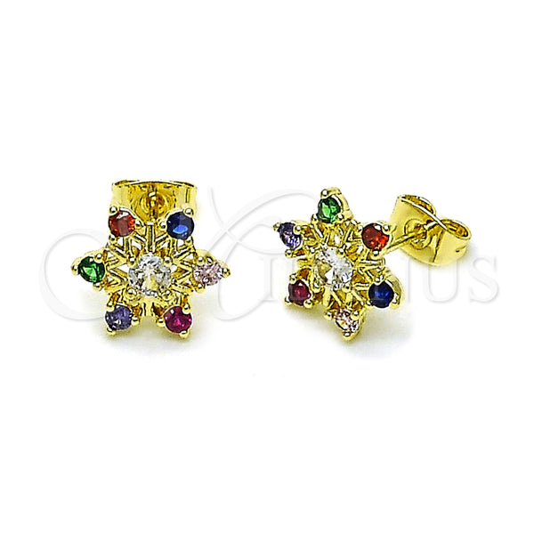 Arete Dormilona 02.411.0054 Oro Laminado, Diseño de Flor, con Multicolor Zirconia Cubica, Pulido, Tono Dorado