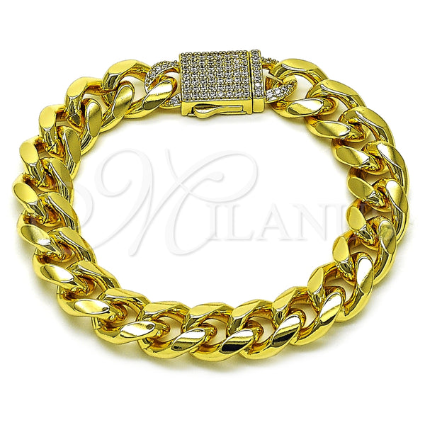 Pulsera Elegante 03.156.0042.08 Oro Laminado, Diseño de Miami Cubana, con Blanca Micro Pave, Pulido, Tono Dorado (12 MM Thickness, 8 Inches Length)