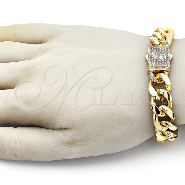 Pulsera Elegante 03.156.0043.09 Oro Laminado, Diseño de Miami Cubana, con Blanca Zirconia Cubica, Pulido, Tono Dorado (14 MM Thickness, 9 Inches Length)