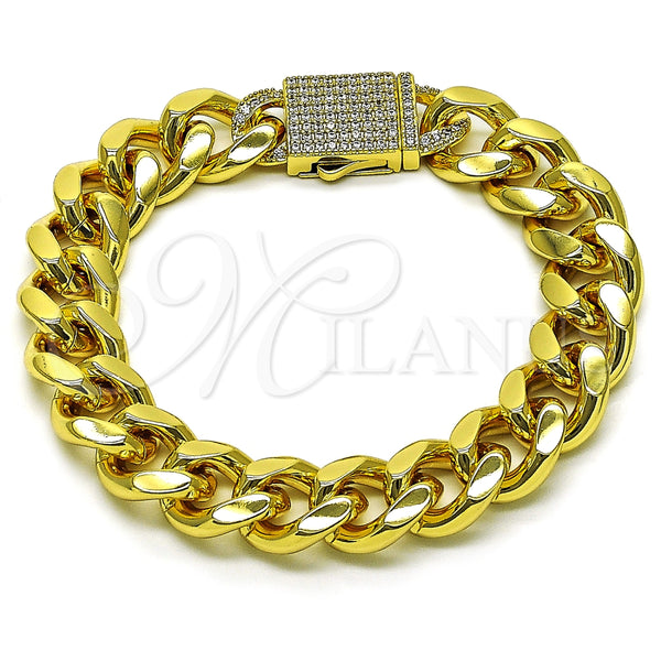 Pulsera Elegante 03.156.0043.09 Oro Laminado, Diseño de Miami Cubana, con Blanca Zirconia Cubica, Pulido, Tono Dorado (14 MM Thickness, 9 Inches Length)
