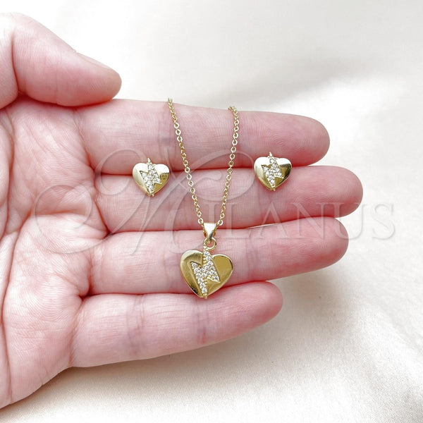 Juego de Arete y Dije de Adulto 10.156.0494 Oro Laminado, Diseño de Corazón, con Blanca Zirconia Cubica, Pulido, Tono Dorado
