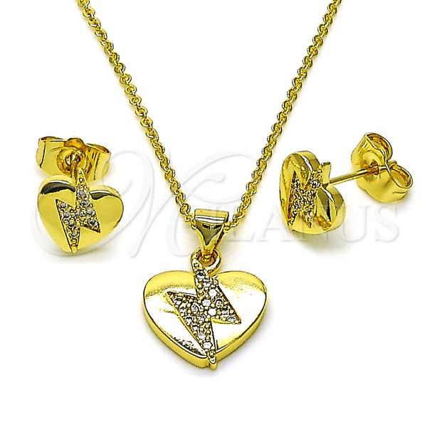 Juego de Arete y Dije de Adulto 10.156.0494 Oro Laminado, Diseño de Corazón, con Blanca Zirconia Cubica, Pulido, Tono Dorado