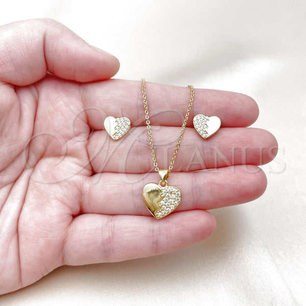 Juego de Arete y Dije de Adulto 10.156.0495 Oro Laminado, Diseño de Corazón, con Blanca Zirconia Cubica, Pulido, Tono Dorado