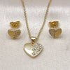 Juego de Arete y Dije de Adulto 10.156.0495 Oro Laminado, Diseño de Corazón, con Blanca Zirconia Cubica, Pulido, Tono Dorado
