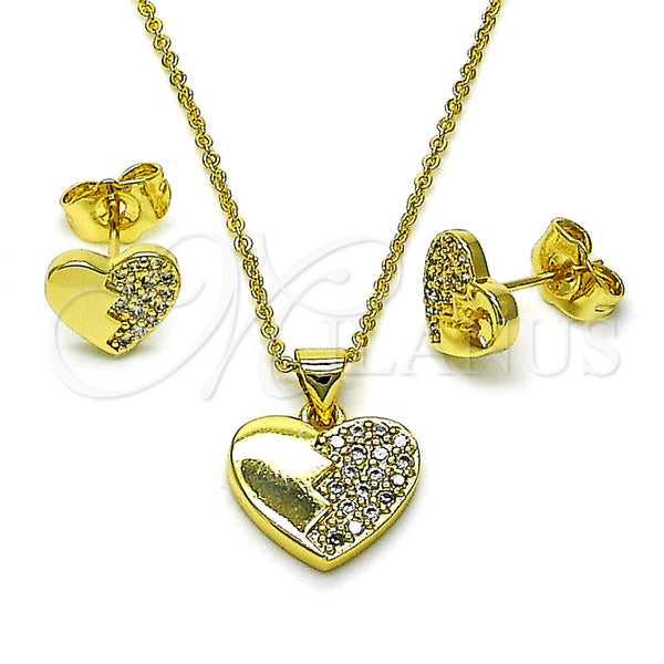 Juego de Arete y Dije de Adulto 10.156.0495 Oro Laminado, Diseño de Corazón, con Blanca Zirconia Cubica, Pulido, Tono Dorado