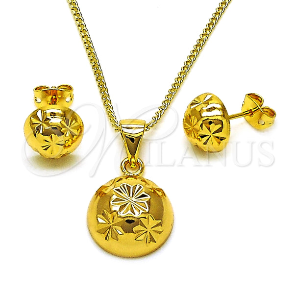 Juego de Arete y Dije de Adulto 10.342.0195 Oro Laminado, Diseño de Bola, Diamantado, Tono Dorado
