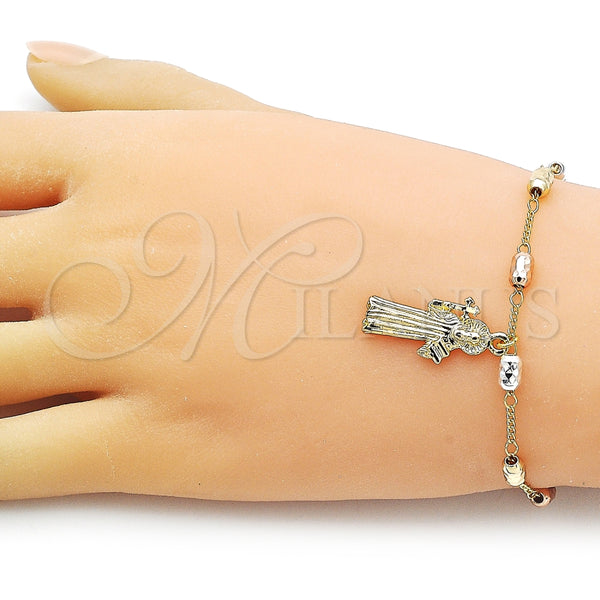 Pulsera Elegante 03.253.0113.08 Oro Laminado, Diseño de San Benito y Figaro, Diamantado, Tres Tonos (04 MM Thickness, 8 Inches Length)
