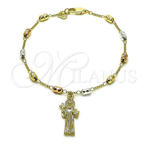 Pulsera Elegante 03.253.0113.08 Oro Laminado, Diseño de San Benito y Figaro, Diamantado, Tres Tonos (04 MM Thickness, 8 Inches Length)