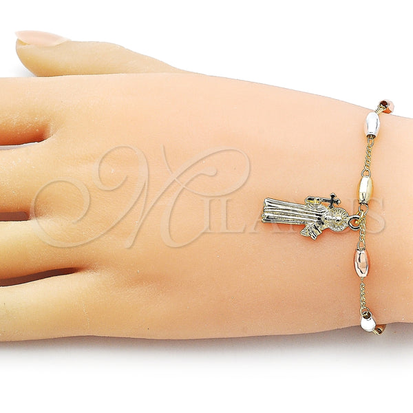 Pulsera Elegante 03.253.0114.08 Oro Laminado, Diseño de San Benito y Figaro, Diamantado, Tres Tonos (04 MM Thickness, 8 Inches Length)