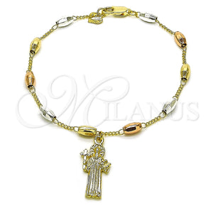 Pulsera Elegante 03.253.0114.08 Oro Laminado, Diseño de San Benito y Figaro, Diamantado, Tres Tonos (04 MM Thickness, 8 Inches Length)