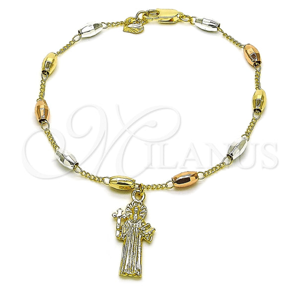 Pulsera Elegante 03.253.0114.08 Oro Laminado, Diseño de San Benito y Figaro, Diamantado, Tres Tonos (04 MM Thickness, 8 Inches Length)
