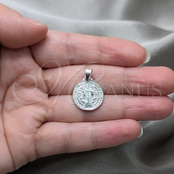 Dije Religioso 05.392.0084 Plata Rodinada, Diseño de San Benito, Pulido, Tono Plateado
