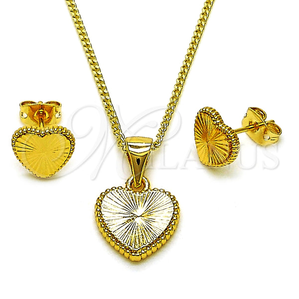 Juego de Arete y Dije de Adulto 10.342.0203 Oro Laminado, Diseño de Corazón, Diamantado, Tono Dorado