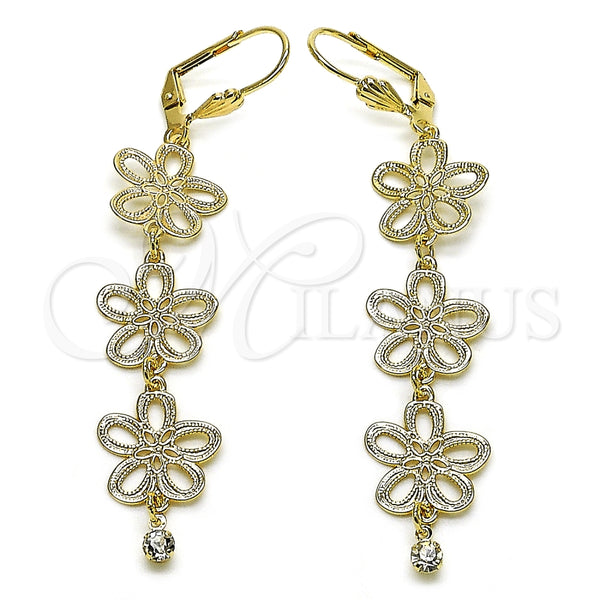 Arete Largo 5.108.011.1 Oro Laminado, Diseño de Flor, con Blanca Cristal, Pulido, Tono Dorado
