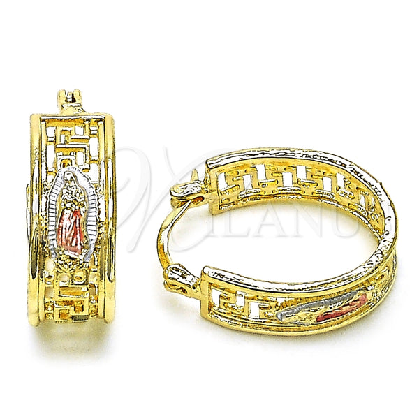 Argolla Pequeña 02.411.0068.20 Oro Laminado, Diseño de Guadalupe y Llave Griega, Pulido, Tres Tonos
