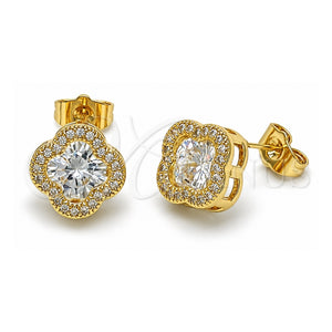 Arete Dormilona 02.283.0151 Oro Laminado, Diseño de Trébol de Cuatro Hojas y Cluster, con Zirconia Cubica Blanca y Micro Pave Blanca, Pulido, Tono Dorado