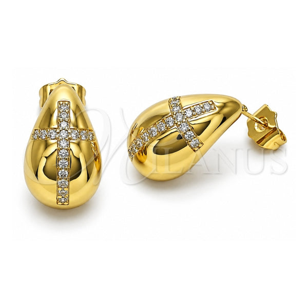 Arete Dormilona 02.283.0156 Oro Laminado, Diseño de Gota y Cruz, con Blanca Zirconia Cubica, Pulido, Tono Dorado