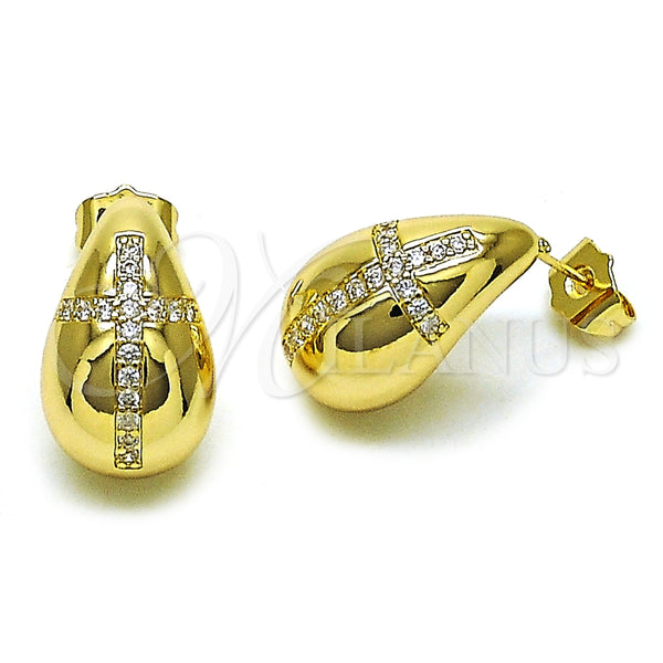 Arete Dormilona 02.283.0156 Oro Laminado, Diseño de Gota y Cruz, con Blanca Zirconia Cubica, Pulido, Tono Dorado