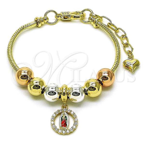 Pulsera Elegante 03.411.0065.07 Oro Laminado, Diseño de Guadalupe y Cola de Raton, con Blanca Zirconia Cubica, Pulido, Tres Tonos (03 MM Thickness, 7 Inches Length)