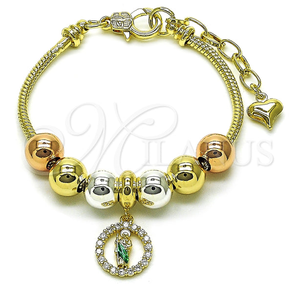 Pulsera Elegante 03.411.0066.07 Oro Laminado, Diseño de San Judas y Cola de Raton, con Blanca Zirconia Cubica, Pulido, Tres Tonos (03 MM Thickness, 7 Inches Length)