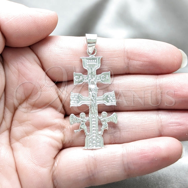 Dije Religioso 05.392.0091 Plata Rodinada, Diseño de Crucifijo y Angel, Pulido, Tono Plateado