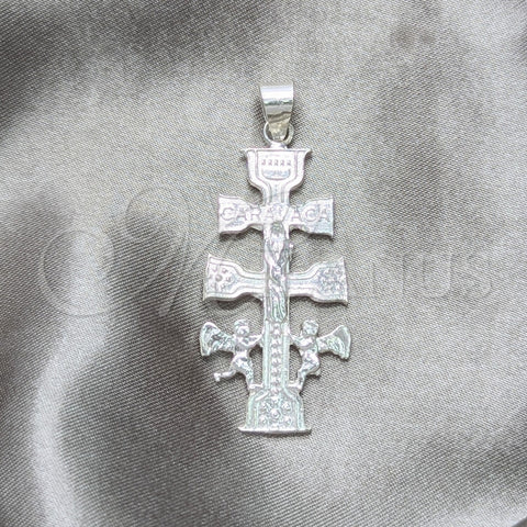 Dije Religioso 05.392.0091 Plata Rodinada, Diseño de Crucifijo y Angel, Pulido, Tono Plateado