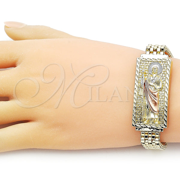 Pulsera Elegante 03.120.0011.08 Oro Laminado, Diseño de San Judas y Llave Griega, Diamantado, Tres Tonos (12 MM Thickness, 9 Inches Length)