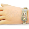Pulsera Elegante 03.120.0011.08 Oro Laminado, Diseño de San Judas y Llave Griega, Diamantado, Tres Tonos (12 MM Thickness, 9 Inches Length)