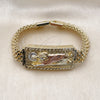 Pulsera Elegante 03.120.0011.08 Oro Laminado, Diseño de San Judas y Llave Griega, Diamantado, Tres Tonos (12 MM Thickness, 9 Inches Length)