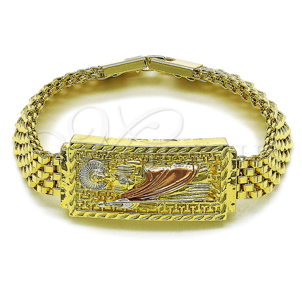 Pulsera Elegante 03.120.0011.08 Oro Laminado, Diseño de San Judas y Llave Griega, Diamantado, Tres Tonos (12 MM Thickness, 9 Inches Length)