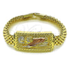Pulsera Elegante 03.120.0011.08 Oro Laminado, Diseño de San Judas y Llave Griega, Diamantado, Tres Tonos (12 MM Thickness, 9 Inches Length)