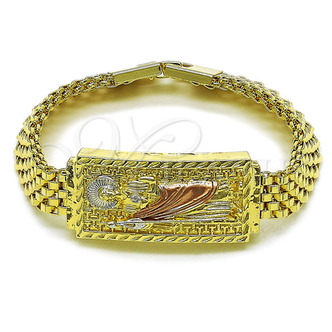 Pulsera Elegante 03.120.0011.08 Oro Laminado, Diseño de San Judas y Llave Griega, Diamantado, Tres Tonos (12 MM Thickness, 9 Inches Length)