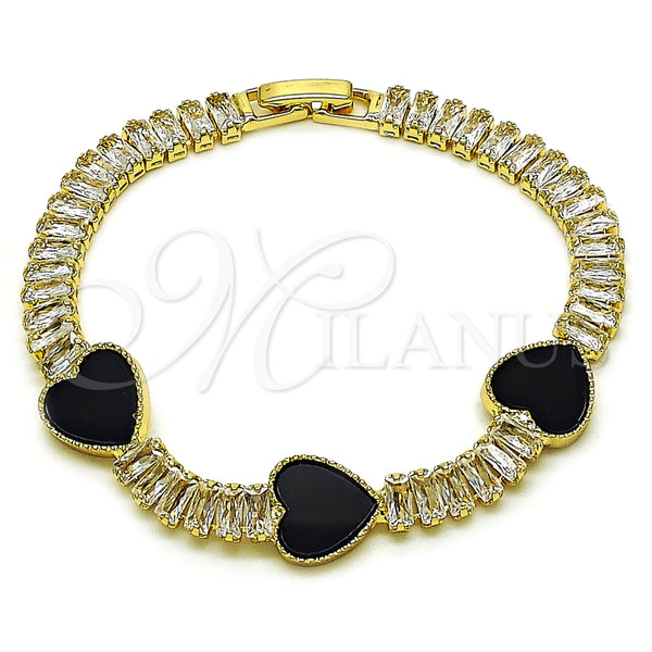 Pulsera Elegante 03.283.0423.2.07 Oro Laminado, Diseño de Corazón y Baguette, con Negro Madre Perla and Blanca Zirconia Cubica, Pulido, Tono Dorado (06 MM Thickness, 7 Inches Length)