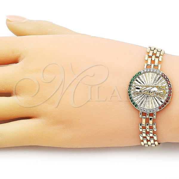 Pulsera Elegante 03.283.0340.2.07 Oro Laminado, Diseño de San Judas y Bismarco, con Multicolor Micro Pave, Pulido, Tono Dorado (10 MM Thickness, 7 Inches Length)