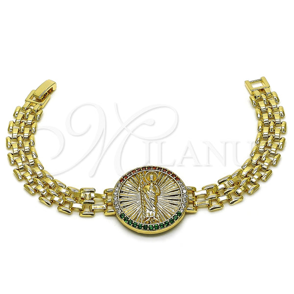 Pulsera Elegante 03.283.0340.2.07 Oro Laminado, Diseño de San Judas y Bismarco, con Multicolor Micro Pave, Pulido, Tono Dorado (10 MM Thickness, 7 Inches Length)