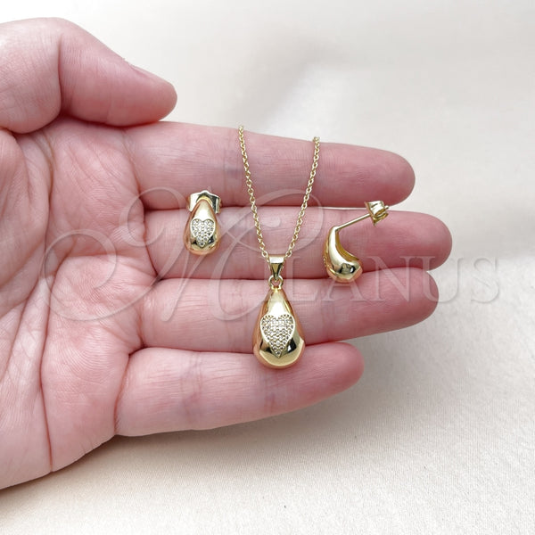 Juego de Arete y Dije de Adulto 10.156.0498 Oro Laminado, Diseño de Gota y Corazón, con Blanca Micro Pave, Pulido, Tono Dorado