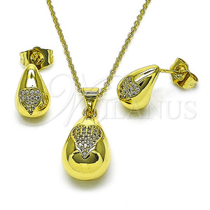 Juego de Arete y Dije de Adulto 10.156.0498 Oro Laminado, Diseño de Gota y Corazón, con Blanca Micro Pave, Pulido, Tono Dorado