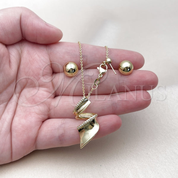 Juego de Arete y Dije de Adulto 10.156.0499 Oro Laminado, Diseño de Bola y Torcido, con Blanca Micro Pave, Pulido, Tono Dorado