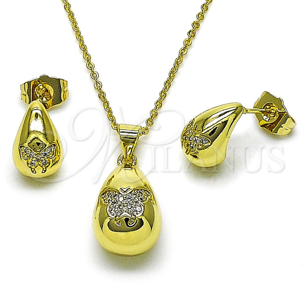 Juego de Arete y Dije de Adulto 10.156.0501 Oro Laminado, Diseño de Gota y Mariposa, con Blanca Micro Pave, Pulido, Tono Dorado